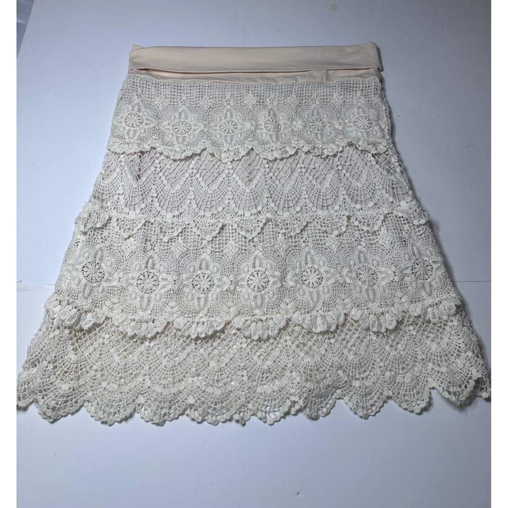 Anthropologie Solitaire by Ravi Khosla Cream Crochet Lace Tiered Skirt Medium